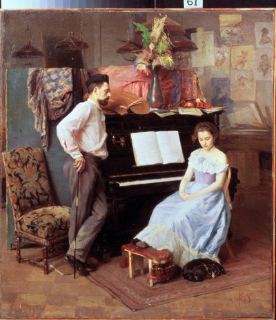 ""Kunstneren og hans kone"" Den unge kvinde med sænkede øjne sidder ved klaveret under sin mands blik. Maleri af Mikhail Ignatiev (1870-1934) circa 1900 Regional Art Gallery, Vologda af Mikhail Ignatiev