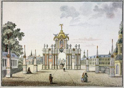De røde døre i Moskva. (De røde porte i Moskva). Barok triumfbue, bygget i det 18. århundrede, revet ned i 1928. Værk af Mikhail Ivanovich Makhaev (1718-1770), akvarel og blæk på papir, ca. 1790. Russisk kunst af Mikhail Ivanovich (after) Makhaev