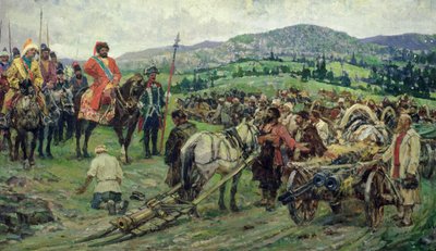 Hjælper lederen af bondeoprøret, Emelyan Pugachev, i Ural (olie på lærred) af Mikhail Ivanovich Avilov