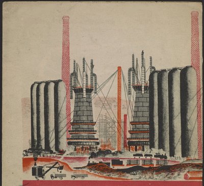 Illustration du livre pour enfants ""Combinat metallurgique Kuznets : un geant socialiste"" - Illustration til børnebogen ""Kuznets Metallurgical Combine: A Socialist Giant"", af Gurevich, Mikhail Lvovich (1904-1943). Farvelitografi af Mikhail Lvovich Gurevich