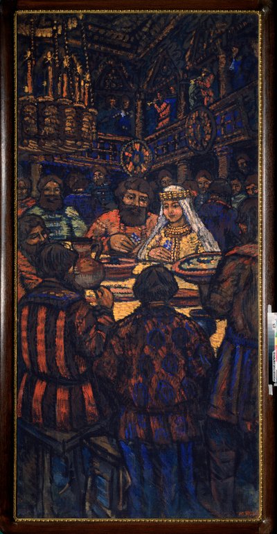 Storhertug Vladimir I Svyatoslavichs bryllup (kendt som den store eller røde sol, 958-1015) (The Wedding of the Grand Duke Vladimir I Svyatoslavich) Bryllupsbanketscene - Maleri af Mikhail Nikolayevich Yakovlev (1880-1942), olie på lærred, omkring 1920 af Mikhail Nikolayevich Yakovlev
