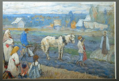 På marken (Bønder stopper landbrugsarbejdet foran Jesu tilsynekomst på vej) (Ved marken) - Maleri af Mikhail Vasilyevich Nesterov (1862-1942), gouache på pap (15,8x24 cm) af Mikhail Vasilievich Nesterov