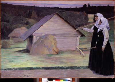 Sommer. To kvinder, der bærer deres river, går om aftenen efter at have arbejdet på markerne forbi høstakke og træhytter. Maleri af Mikhail Vasilyevich Nesterov (1862-1942), olie på lærred af Mikhail Vasilievich Nesterov