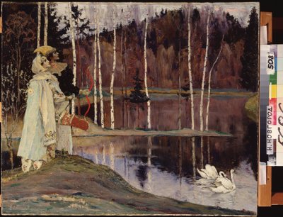 Dobbelt harmoni. Et par i kostume og teatralsk sminke ser på himlen nær en sø, hvor et par svaner svømmer fredeligt. Maleri af Mikhail Vasilyevich Nesterov (1862-1942), olie på lærred af Mikhail Vasilievich Nesterov
