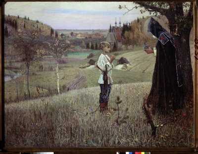 Den unge Barthelemys vision. (Ungdommens vision Bartholomew). Mødet mellem en munk og den unge russiske Barthelemy (som ville blive Sankt Serge de Radonege eller Sergii Radonezhsky eller Sergey Radonezhsky eller Sergius de Radonezh, omkring 1313-1392). Mal af Mikhail Vasilievich Nesterov