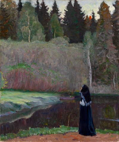 ""Le chant du rossignol"" (Nattergalen synger) En nonne lytter til fuglesang - Maleri af Mikhail Vasilyevich Nesterov (1862-1942) 1918 Dim 81x68,5 cm Privat samling af Mikhail Vasilievich Nesterov
