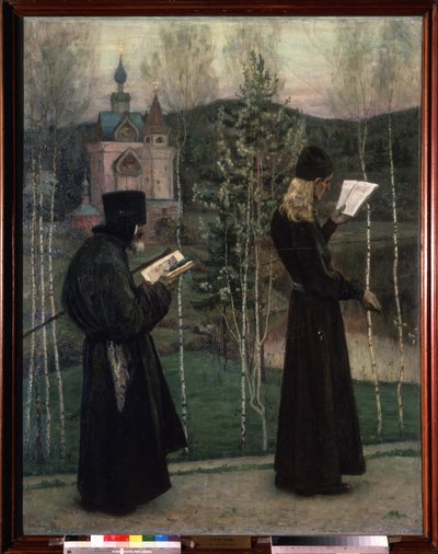 Klokkerne ringer (Ringing the Bells). To munke, der læser, mens de går, er på vej mod en kirke i baggrunden. Maleri af Mikhail Vasilyevich Nesterov (1862-1942), olie på lærred af Mikhail Vasilievich Nesterov