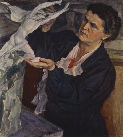 Portræt af den sovjetiske billedhugger Vera Mukhina (farve litho) af Mikhail Vasilievich Nesterov