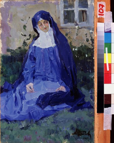 En nonne (A Nun). Værk af Mikhail Vasilyevich Nesterov (1862-1942), olie på pap af Mikhail Vasilievich Nesterov