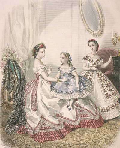 To kvinder og en lille pige iført den seneste indendørs mode, c1860 af Millia Lacouriere
