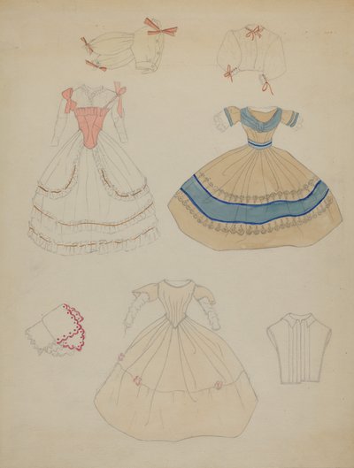 Dukke og klædeskab, ca. 1936. af Mina Lowry