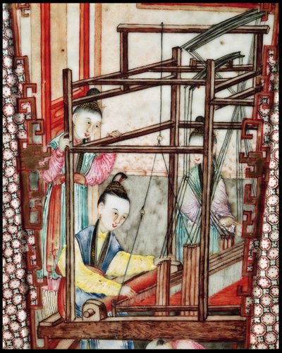 Detalje fra en vase, der forestiller silkevævning (keramik) af Ming Dynasty Chinese School