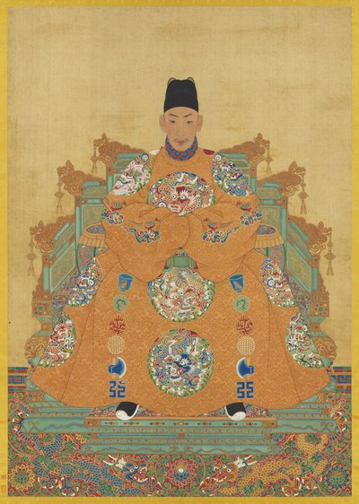 Portræt af kejser Wu-tsung fra Ming-dynastiet (hængende skriftrulle, blæk og farver på silke) af Ming Dynasty Chinese School
