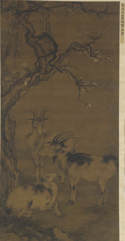 Tre geder under et blomstrende blommetræ, 1500-1700-tallet af Ming Dynasty Chinese School