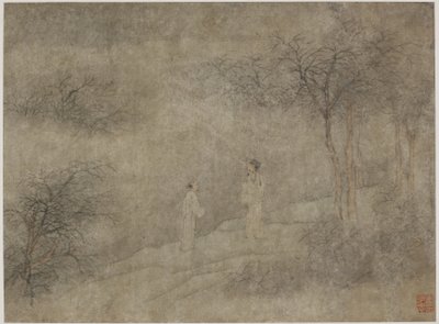 To mænd, der går i tåget lund (blæk og farve på papir) af Ming Dynasty Chinese School