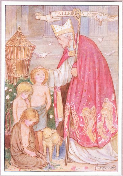 "Vinkler kalder I dem," sagde han. "Nej hellere engle". St Augustine (farve litho) af Minnie Didbin Spooner
