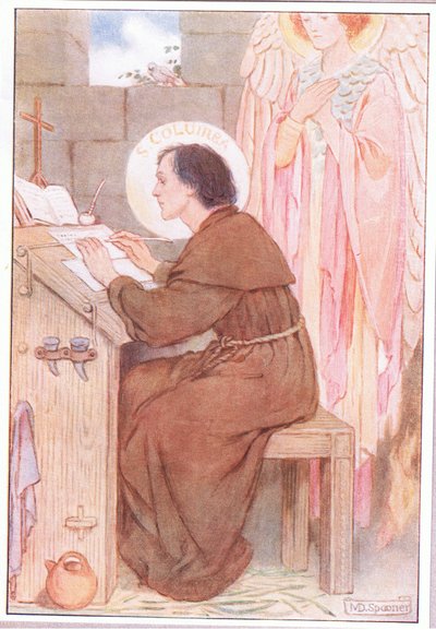 Der i sin celle lavede han smukke kopier af de bøger, han elskede (farve litho) af Minnie Didbin Spooner
