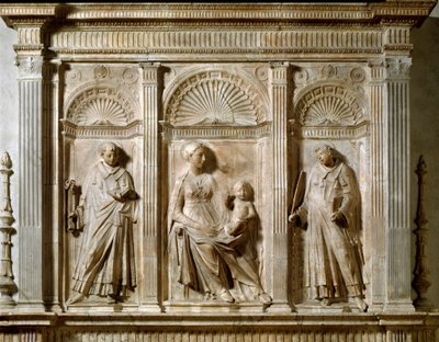 Jomfru og barn mellem St. Laurent og St. Leonard. Højt marmorrelief af Mino da Fiesole