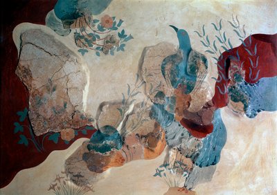 Minoisk kunst: "" Blue Bird"" Fragment af freskomaleri fra House of Frescoes. 1500 f.Kr. Heraklion, Arkæologisk Museum, Kreta - Minoisk kunst: blå fugl. Fragment af freskomaleriet, der viser en fugl blandt klipper, vilde roser og iris, fra Freskoernes Hus af Minoan