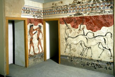 Minoisk kunst: "" dyr og fighter kamp""" Fresco fra Akrotiri på Santorini. 16. århundrede f.Kr. Athen, det nationale arkæologiske museum af Minoan