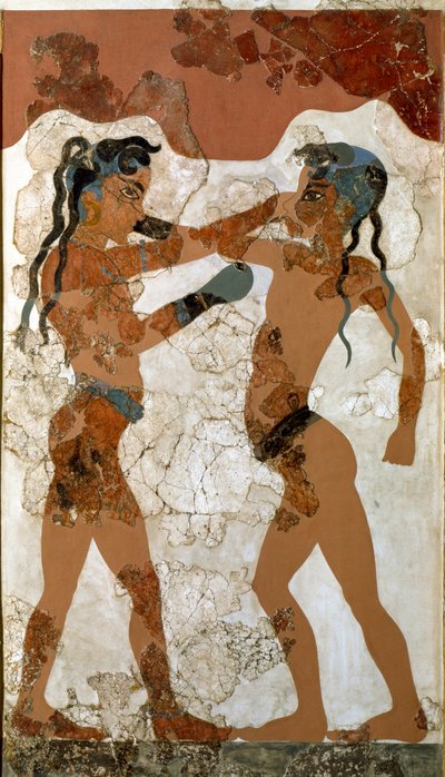 Minoisk kunst: "" kamp mellem to boksere""" Fresco fra Akrotiri til Santorini. 16. århundrede f.Kr. Athen, National Archaeological Museum - Minoisk kunst: Minoisk drengeboksning. Fresko fra Akrotiri, Santorini 1500-tallet f.Kr. Nationalt Arkæologisk Museum af Minoan