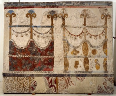Minoisk civilisation: repræsentation af to portaler (Ikria). Fresko fra det lustrale bassin i Xeste 3-bygningen i Akrotiri (Thera), Santorini af Minoan