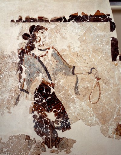 Minoisk civilisation: kvinder i tilbedelse. Detalje. Fresko fra det lustrale bassin i Xeste 3 i Akrotiri (Thera), Santorini. Svag. 143x381 cm 16. århundrede f.Kr. Santorini, Samling af fresker af Akrotiri a Thera af Minoan