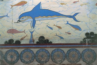 Nærbillede af et vægmaleri i et palads, Palace Of Minos, Knossos, Kreta, Grækenland af Minoan
