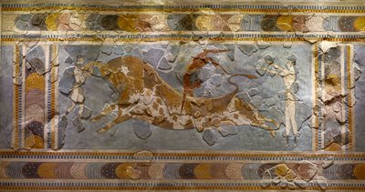 Detalje af Bull Leaping Fresco. Fundet i Knossos af Minoan