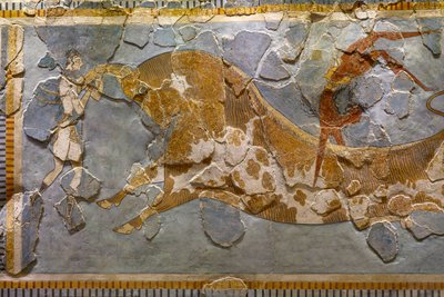 Detalje af Bull Leaping Fresco. Fundet i Knossos af Minoan
