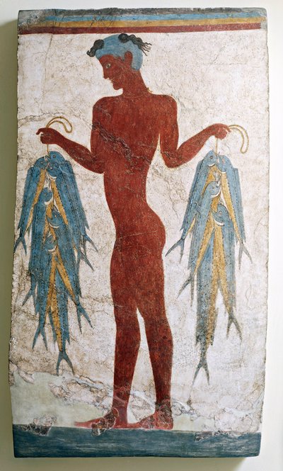 Græsk civilisation, fresko af fisker, fra Akrotiri, Thera, Santorini, Grækenland (fresko) af Minoan