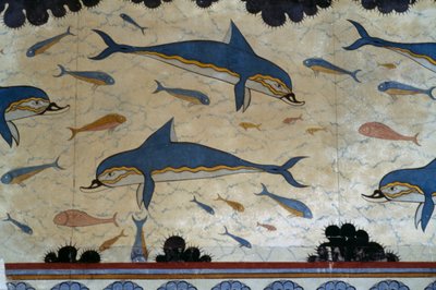 Dronningens Megaron dekoreret med delfin-freskoer, Knossos-paladset, Kreta, Grækenland, Minoisk civilisation af Minoan