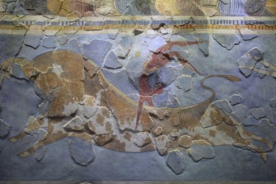 Minoisk kunst. Den "Tyrespringende" Fresco. Tyrespringende scene, der skildrer, hvordan denne sport blev udført. Fresken blev fundet på østsiden af Knossos-paladset af Minoan