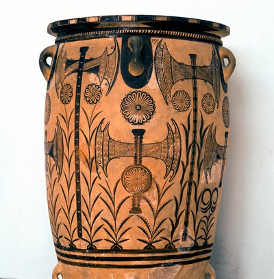 Minoisk kunst: terracottavase fra Neopalatiale-perioden dekorerer symboler på guderne og repræsentationer af himlen og jorden samt dobbeltøksen, symbol på den kretensiske civilisation. Fra Knossos (Cnossos) Heraklion, Arkæologisk Museum Kreta af Minoan