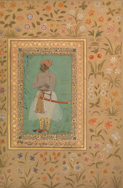 Portræt af Maharaja Bhim Kanwar, Folio fra Shah Jahan Album, verso: ca. 1615-29 af Mir 
