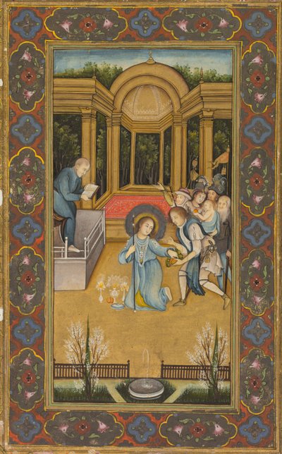 Jesus blandt lægerne i templet, ca. 1760 (dækkende akvarel med guld på papir, blomsterborter i farver på guldgrund) af Mir Kalan Khan