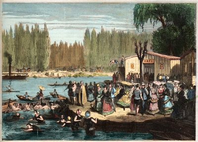 Svømning ved La Grenouillere, lige uden for Paris - La Grenouillere ved Croissy-sur-Seine i 1869 - efter Miranda af Miranda Miranda