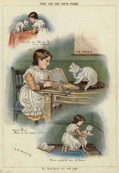 Ethel og hendes hvide kat (chromolitho) af Miss Eliza F. Manning