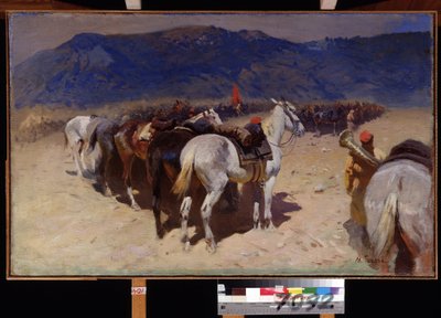 Kavaleriets pause, det 29. kavaleriregiment i Bukhara. (Resten af ​​kavaleriet, Det 29. kavaleriregiment i Bukhara). Rytterløse heste fra et regiment fra den røde hær stillede op på steppen under oktoberrevolutionen i 1917. Maleri af Mitrofan Borisovic Grekov
