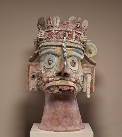 Regnguden Tlalocs hoved, sen postklassisk periode, ca. 1300-1521 (keramik, tufsten, stuk og maling) af Mixtec Mixtec