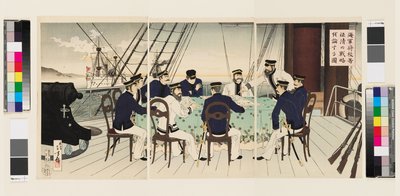 Billede af flådeofficerer, der diskuterer kampstrategi, der skal bruges mod Kina af Mizuno Toshikata