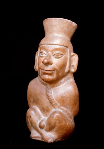 Præcolombiansk kunst, Mochic civilisation (grim, mochica): antropomorf terracottaflaske, der repræsenterer en fange før hans ofring (han bærer et reb om halsen og hænderne bundet i ryggen). 200 f.Kr.-700 e.Kr. Lima, Nationalmuseet for Antropologi og af Moche Moche