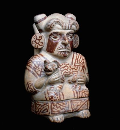 Før colombiansk kunst, moche civilisation (grim, mochica): en Mochica-høvding med en felin i armene. Antropomorf lervase. 200 f.Kr.-700 e.Kr. Lima, Nationalmuseet for antropologi og arkæologi, Peru af Moche Moche