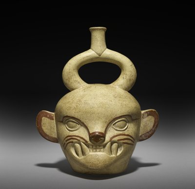 Fartøj i form af et kattehoved, AD 100-800 (lertøj med slip) af Moche Moche