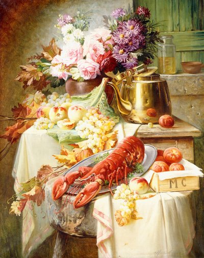 Stilleben med en hummer og diverse frugter og blomster, af Modeste Carlier