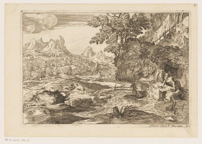 Landskab med Saint Jerome med to kæmpende løver Landskaber efter Titian (serietitel) af Moise Jean Baptiste Fouard