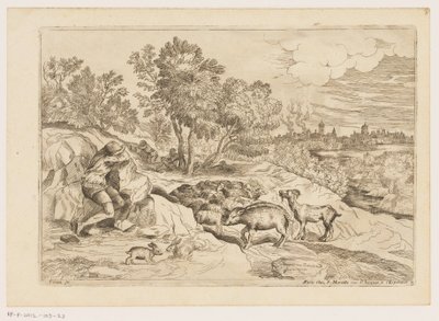 Landskab med tre hyrder hvilende med en flok Landskaber efter Titian (serietitel) af Moise Jean Baptiste Fouard