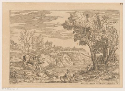 Landskab med en mand med en hest, der krydser en flod Landskaber efter Titian (serietitel) af Moise Jean Baptiste Fouard