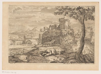 Landskab med en hvilende hyrde, i baggrunden en flod med bro og vandmølle Landskaber efter Titian (serietitel) af Moise Jean Baptiste Fouard