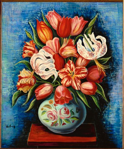 Blomsterbuket, tulipaner og liljer (olie på lærred) af Moise Kisling
